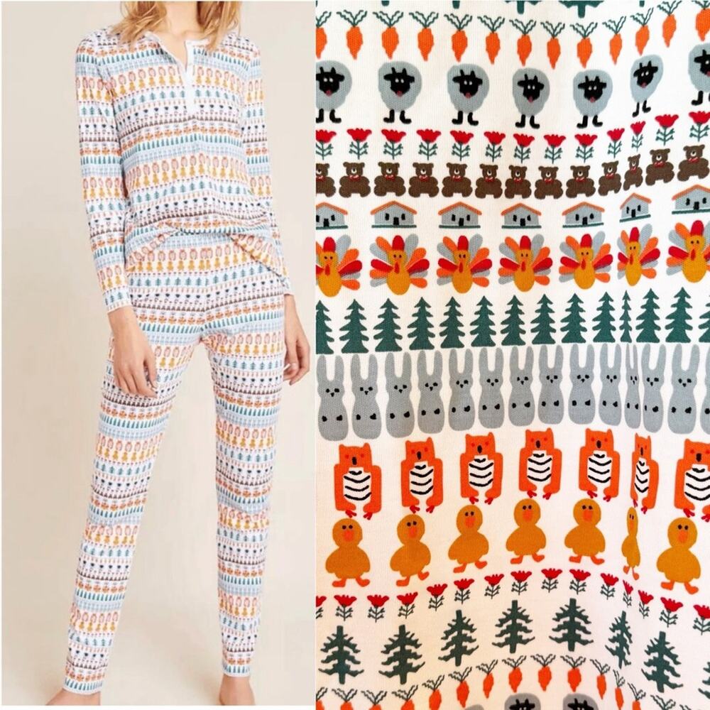 NWOT Roller Rabbit Band Weave Animal Woodland Creature Thanksgiving Pajama Set L